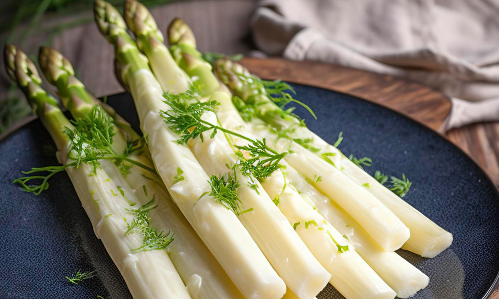 weißer Spargel mit Kräutern auf einem Teller weißer Spargel mit Kräutern auf einem Teller Bild